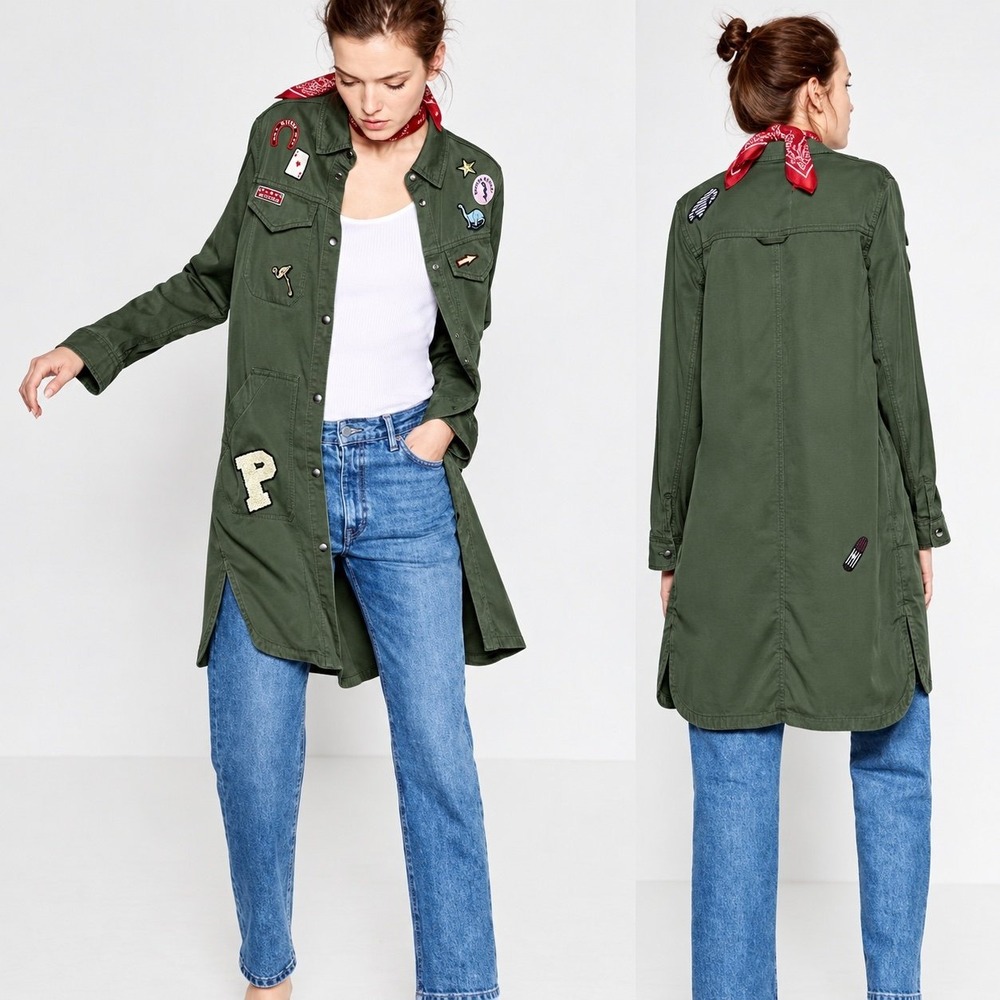Zara TRF Olive Green Patchwork Utility Jacket Longline Military Workwear XS